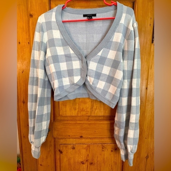 Forever 21 Cropped Cardigan Blue/White Gingham Size Large Academia Mean Girls - Picture 1 of 8